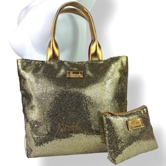 Harrods Vintage Gold Platinum Glitter Tote Shopper Bag Change Pouch Set Sparkle - Picture 1 of 13
